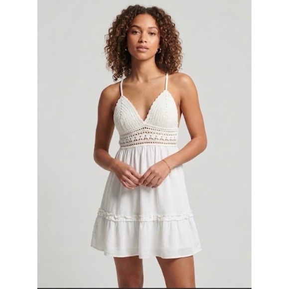 Rue21 Dresses & Skirts - Rue21 Womens XS White Crochet Bodice Mini Dress Boho Festival Summer Ruffle Hem